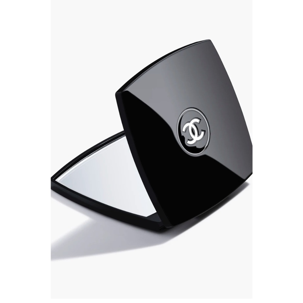 EUC CHANEL Glossy Black Mirror Compact, Chanel Gift Bag and Chanel Ribbon